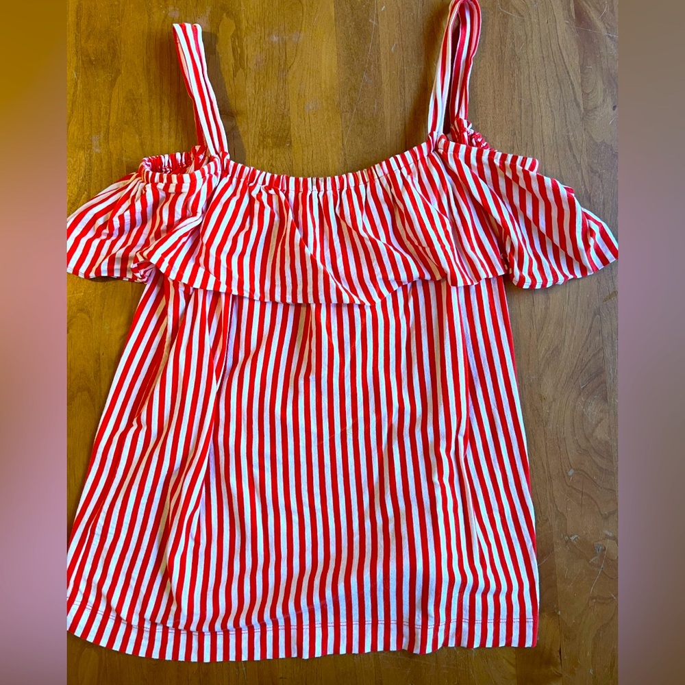 J. Crew Red and White Striped Ruffle Top